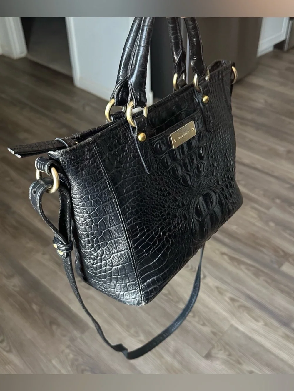 Brahmin Mini Arno Black Melbourne Croc-Embossed Leather Satchel - Picture 6 of 12